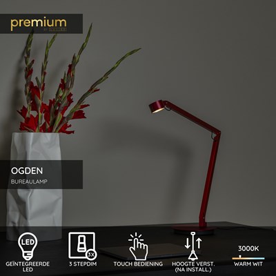 Lucide OGDEN - Bureaulamp - LED 3 StepDim - 1x7W 3000K - Rood | Premium